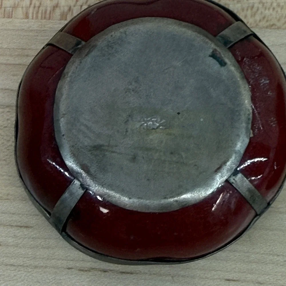Vintage Chinese Dragon Porcelain Trinket Box Red stamped Metal Wrap 2.5in raku‎